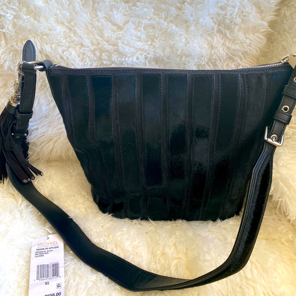 Michael Kors Brooklyn Lg Applique Stripe Leather Haircalf FeedBag Black NWT $598